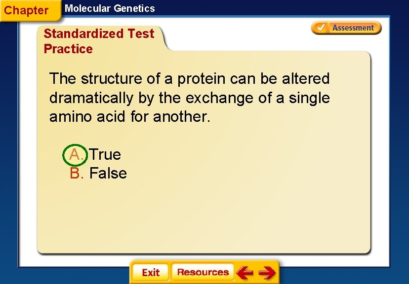Chapter Molecular Genetics Standardized Test Practice The structure of a protein can be altered