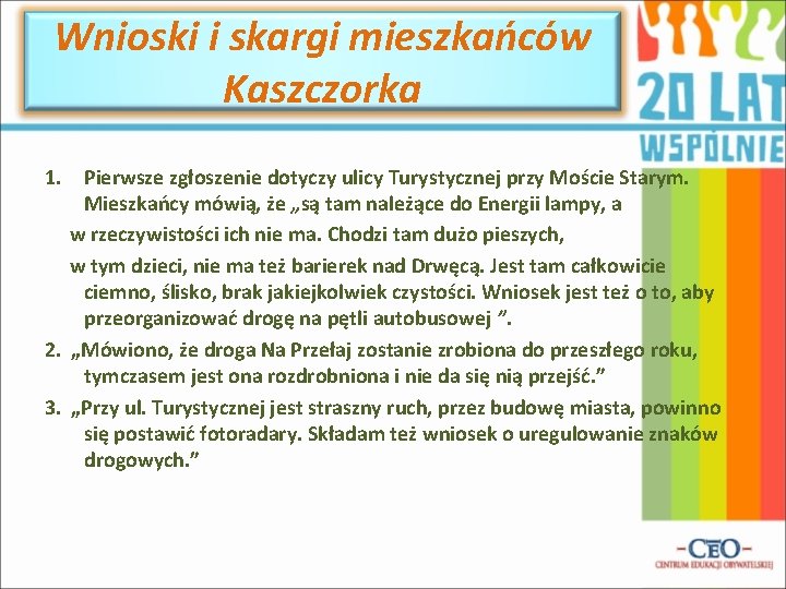 Wnioski i skargi mieszkańców Kaszczorka 1. Pierwsze zgłoszenie dotyczy ulicy Turystycznej przy Moście Starym.