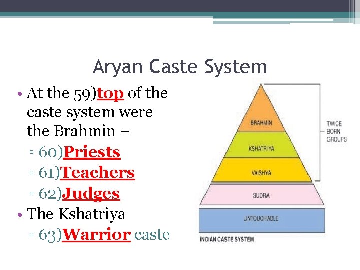 Aryan Caste System • At the 59)top of the caste system were the Brahmin