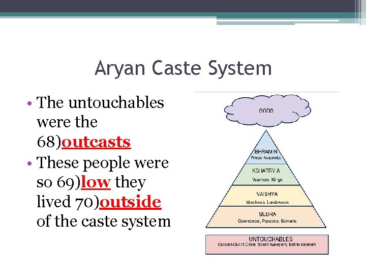 Aryan Caste System • The untouchables were the 68)outcasts • These people were so