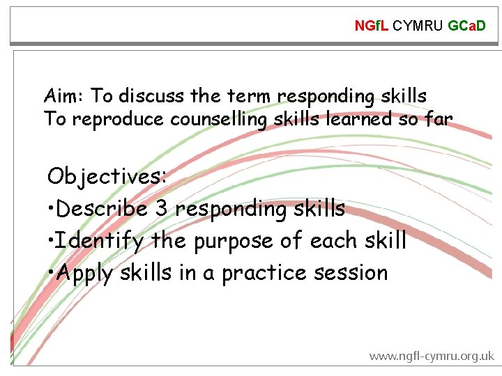 NGf. L CYMRU GCa. D Aim: To discuss the term responding skills To reproduce