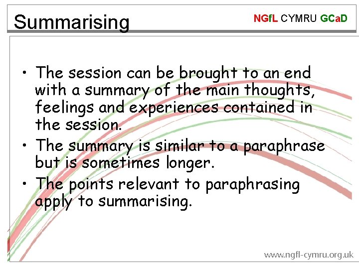 Summarising NGf. L CYMRU GCa. D • The session can be brought to an