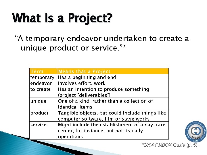 What Is a Project? “A temporary endeavor undertaken to create a unique product or