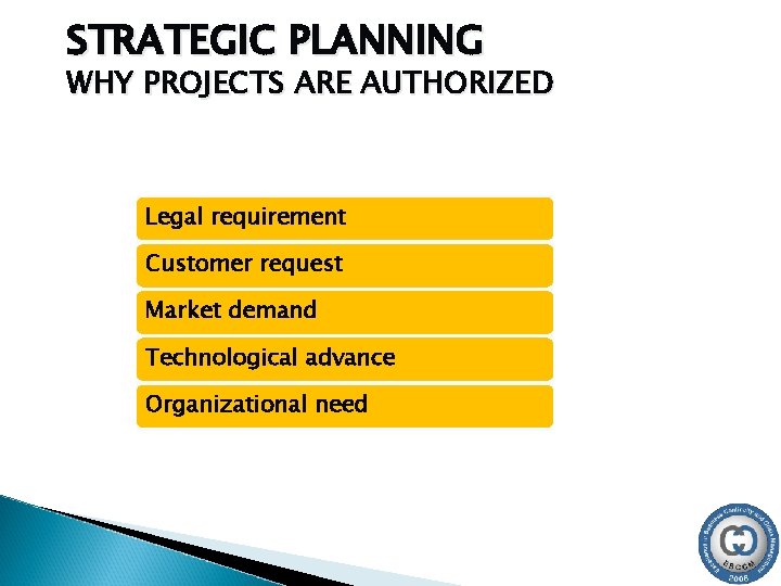 STRATEGIC PLANNING WHY PROJECTS ARE AUTHORIZED Legal requirement Customer request Market demand Technological advance