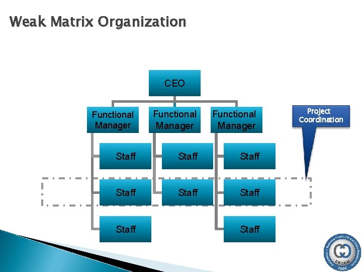 Weak Matrix Organization CEO Functional Manager Staff Staff Functional Manager Staff Project Coordination 
