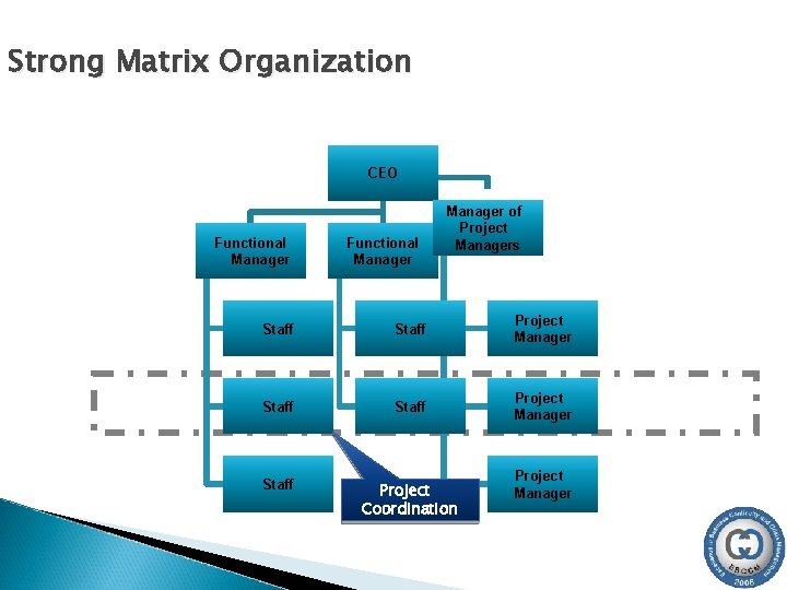 Strong Matrix Organization CEO Functional Manager of Project Managers Staff Project Manager Staff Project
