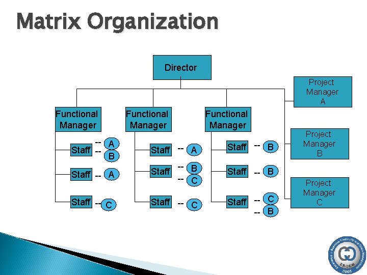 Matrix Organization Director Project Manager A Functional Manager -- A Staff -B Staff --