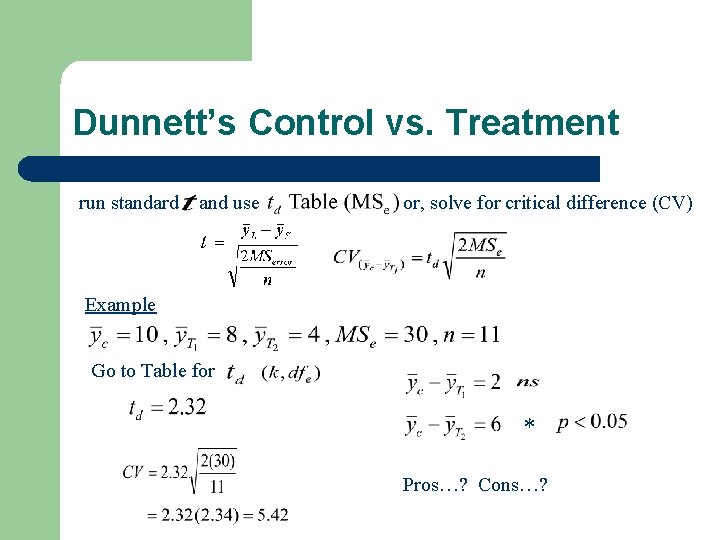 Dunnett’s Control vs. Treatment run standard and use or, solve for critical difference (CV)