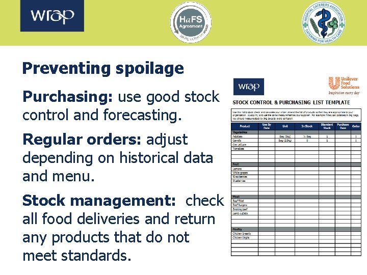 Preventing spoilage Purchasing: use good stock control and forecasting. Regular orders: adjust depending on