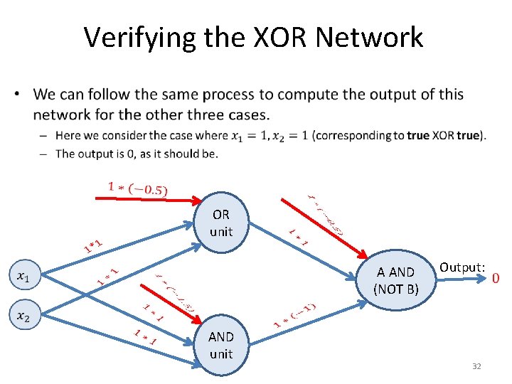 Verifying the XOR Network • OR unit A AND (NOT B) AND unit Output: