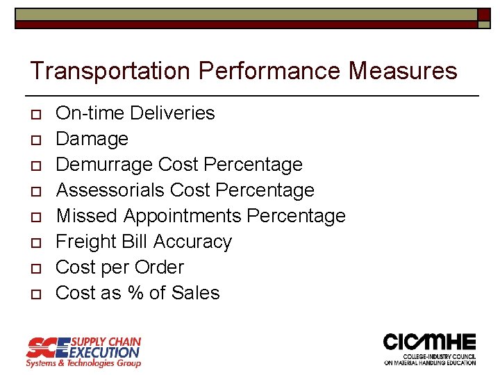 Transportation Performance Measures o o o o On-time Deliveries Damage Demurrage Cost Percentage Assessorials Transportation Performance Measures o o o o On-time Deliveries Damage Demurrage Cost Percentage Assessorials