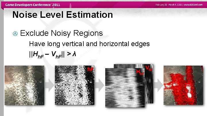 Noise Level Estimation Exclude Noisy Regions Have long vertical and horizontal edges ||Hh. F