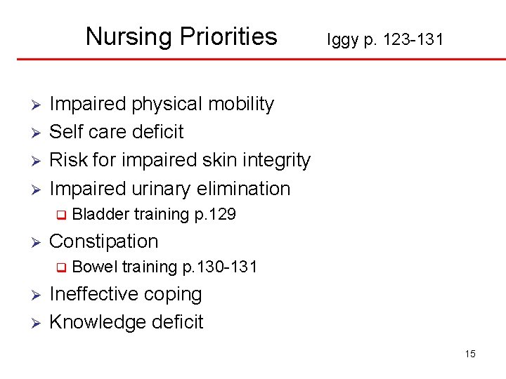 Nursing Priorities Ø Ø Impaired physical mobility Self care deficit Risk for impaired skin Nursing Priorities Ø Ø Impaired physical mobility Self care deficit Risk for impaired skin