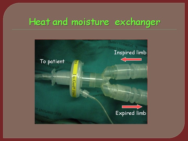 Heat and moisture exchanger Inspired limb To patient Expired limb 