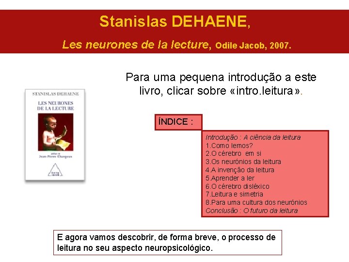 Stanislas DEHAENE, Les neurones de la lecture, Odile Jacob, 2007. Para uma pequena introdução