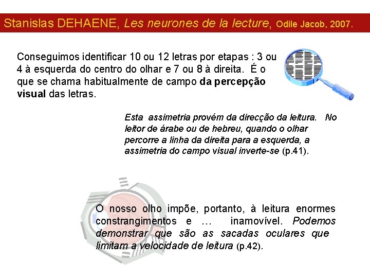 Stanislas DEHAENE, Les neurones de la lecture, Odile Jacob, 2007. Conseguimos identificar 10 ou