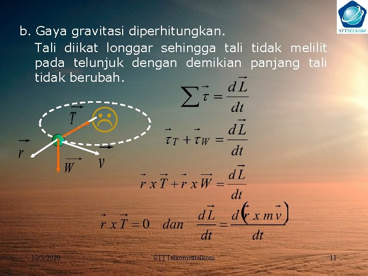 b. Gaya gravitasi diperhitungkan. Tali diikat longgar sehingga tali tidak melilit pada telunjuk dengan