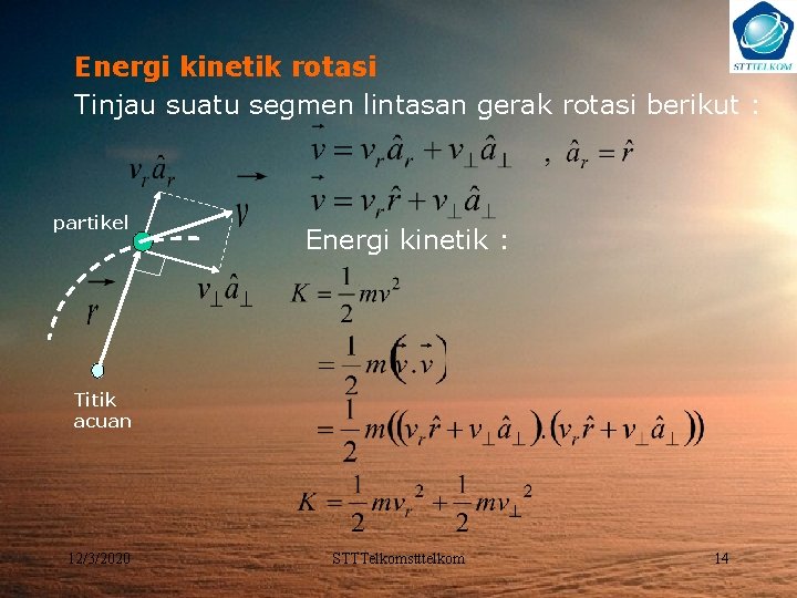 Energi kinetik rotasi Tinjau suatu segmen lintasan gerak rotasi berikut : partikel Energi kinetik