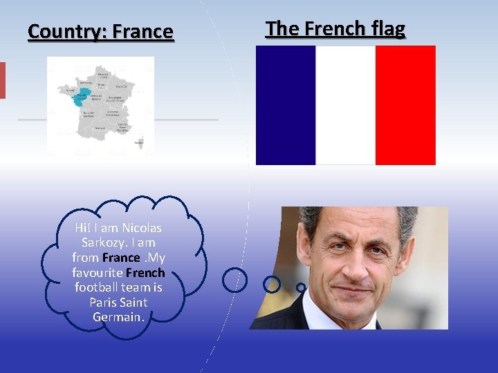 Country: France Hi! I am Nicolas Sarkozy. I am from France. My favourite French