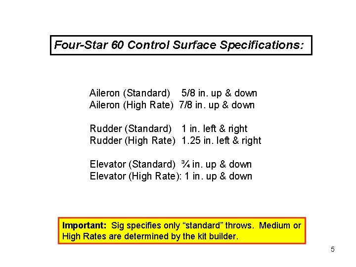 Four-Star 60 Control Surface Specifications: Aileron (Standard) 5/8 in. up & down Aileron (High