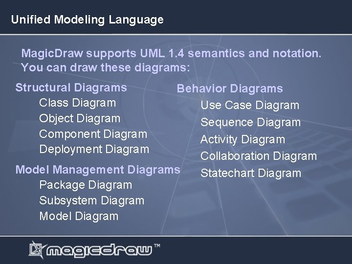 Unified Modeling Language Magic. Draw supports UML 1. 4 semantics and notation. You can