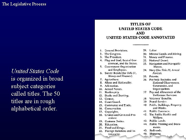 The Legislative Process United States Code is organized in broad subject categories called titles.