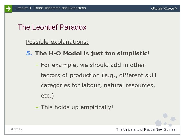 Lecture 9: Trade Theorems and Extensions Michael Cornish The Leontief Paradox Possible explanations: 5.