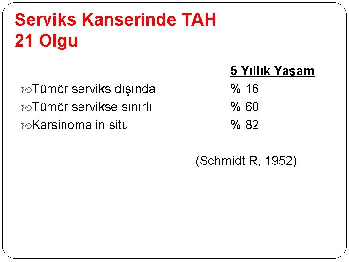 Serviks Kanserinde TAH 21 Olgu Tümör serviks dışında Tümör servikse sınırlı Karsinoma in situ