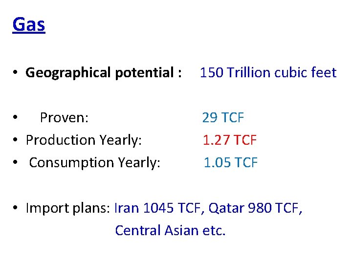 Gas • Geographical potential : 150 Trillion cubic feet • Proven: 29 TCF •