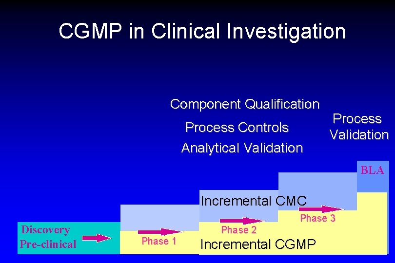 CGMP in Clinical Investigation Component Qualification Process Controls Analytical Validation Process Validation BLA Incremental