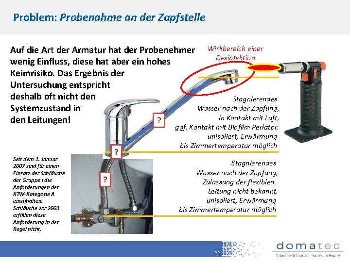 Problem: Probenahme an der Zapfstelle Auf die Art der Armatur hat der Probenehmer Wirkbereich