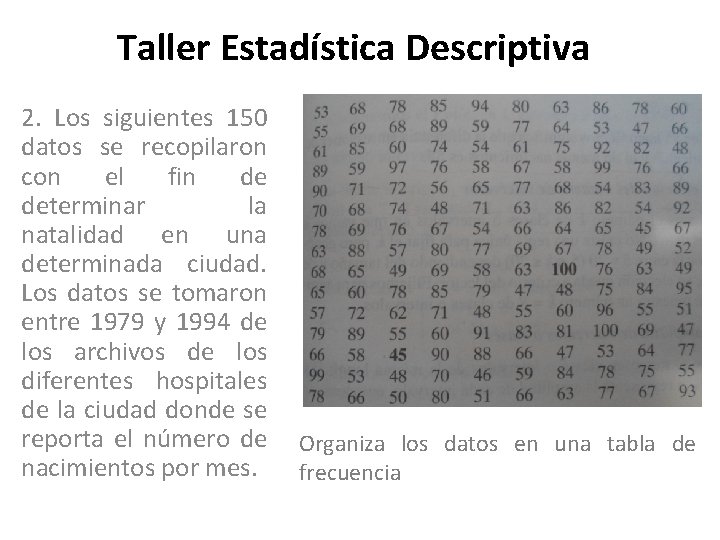 Taller Estadística Descriptiva 2. Los siguientes 150 datos se recopilaron con el fin de