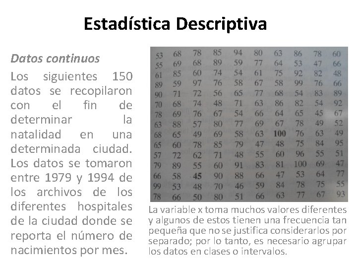 Estadística Descriptiva Datos continuos Los siguientes 150 datos se recopilaron con el fin de
