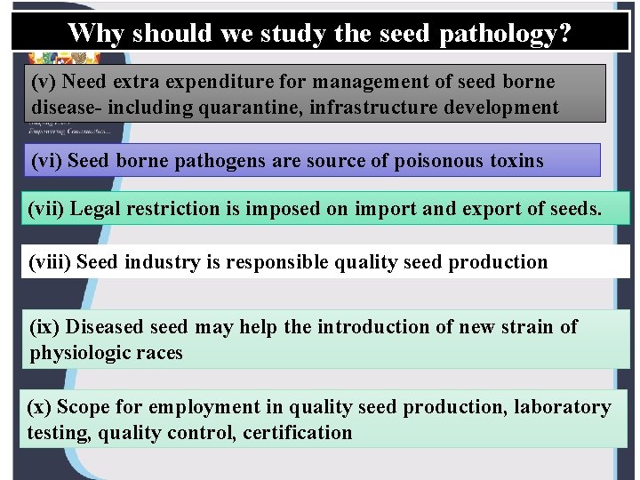 Why should we study the seed pathology? (v) Need extra expenditure for management of