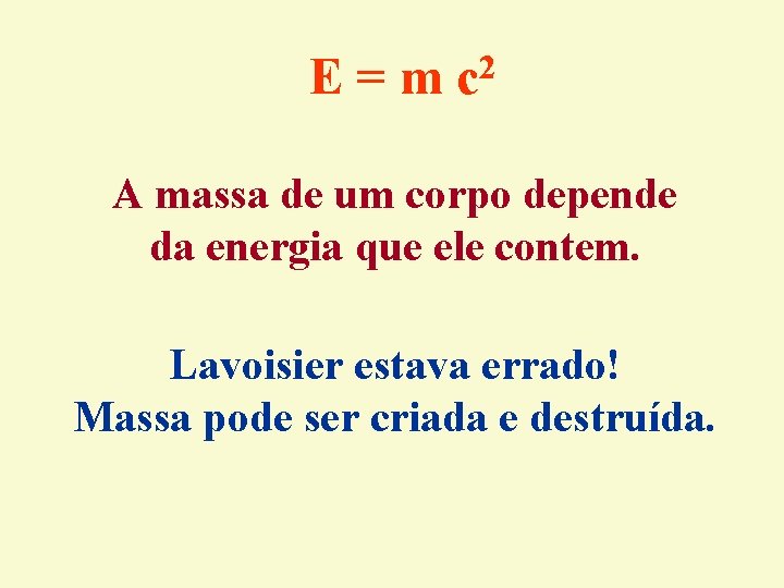 E=m 2 c A massa de um corpo depende da energia que ele contem. E=m 2 c A massa de um corpo depende da energia que ele contem.