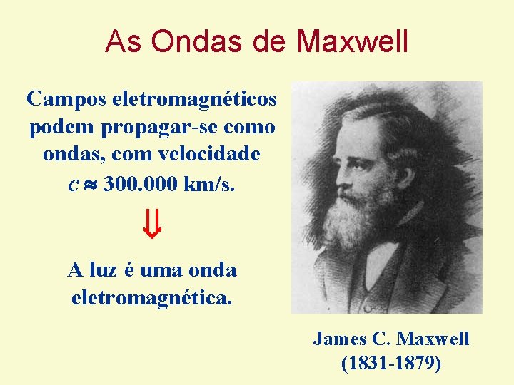 As Ondas de Maxwell Campos eletromagnéticos podem propagar-se como ondas, com velocidade c 300. As Ondas de Maxwell Campos eletromagnéticos podem propagar-se como ondas, com velocidade c 300.