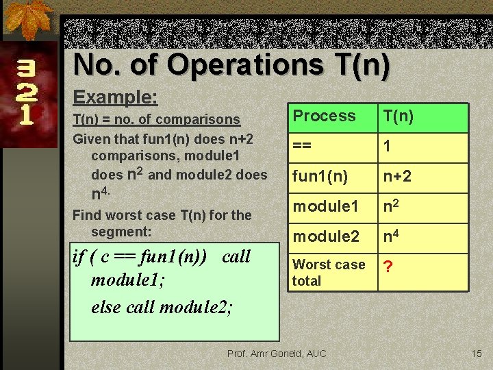 No. of Operations T(n) Example: T(n) = no. of comparisons Given that fun 1(n)
