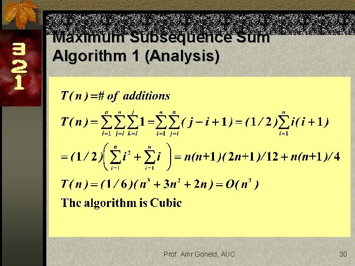 Maximum Subsequence Sum Algorithm 1 (Analysis) Prof. Amr Goneid, AUC 30 