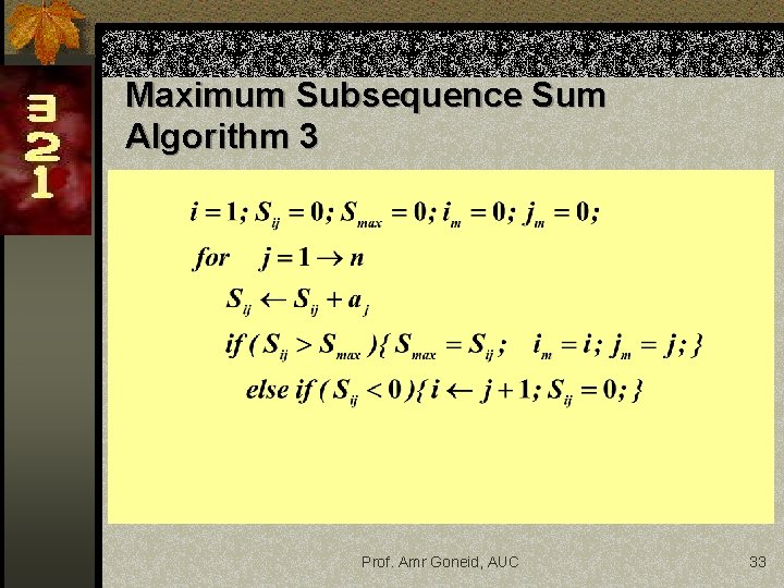 Maximum Subsequence Sum Algorithm 3 Prof. Amr Goneid, AUC 33 