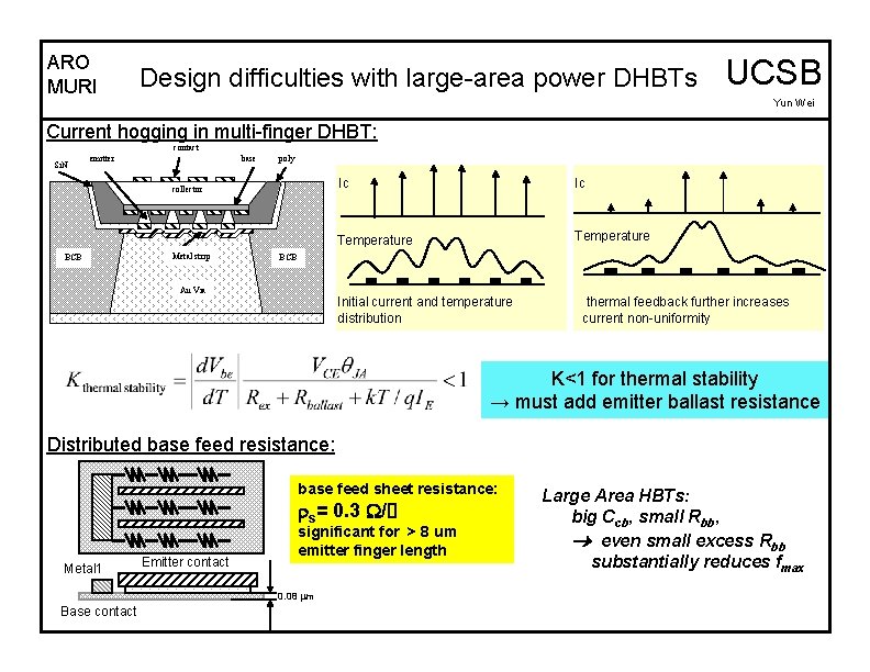 ARO MURI Design difficulties with large-area power DHBTs UCSB Yun Wei Current hogging in