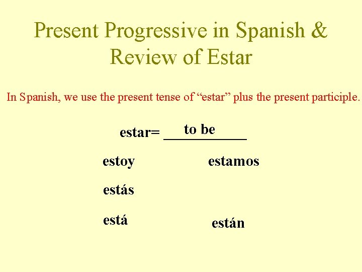 Present Progressive in Spanish & Review of Estar In Spanish, we use the present