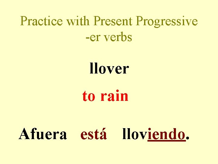Practice with Present Progressive -er verbs llover to rain Afuera está lloviendo. 