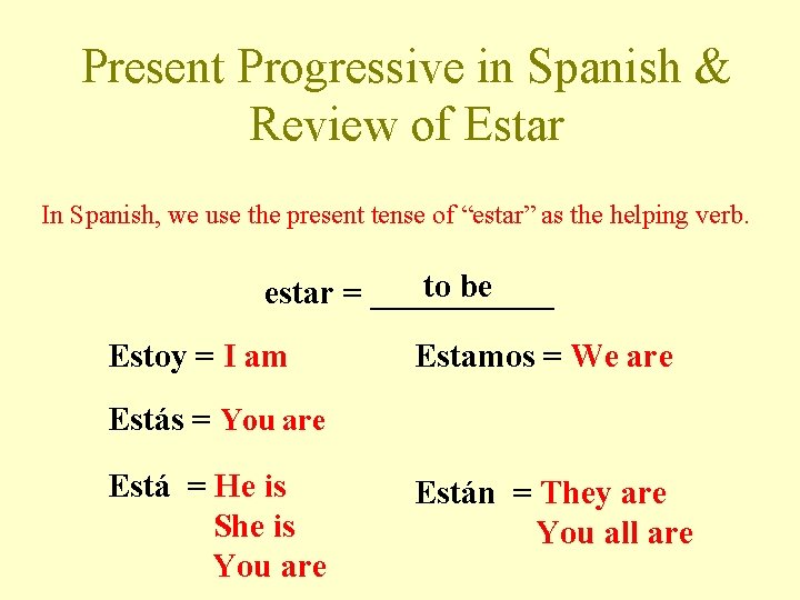 Present Progressive in Spanish & Review of Estar In Spanish, we use the present