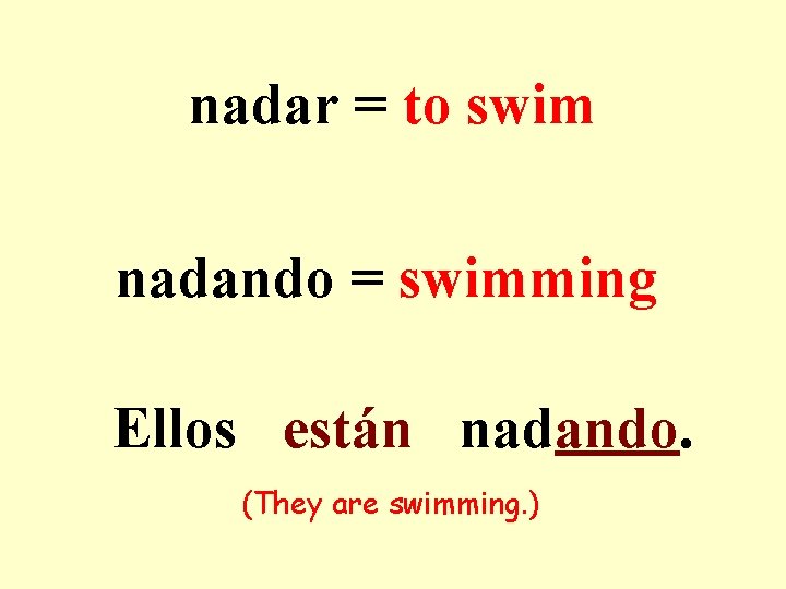 nadar = to swim nadando = swimming Ellos están nadando. (They are swimming. )