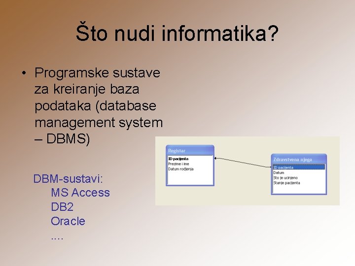 Što nudi informatika? • Programske sustave za kreiranje baza podataka (database management system –