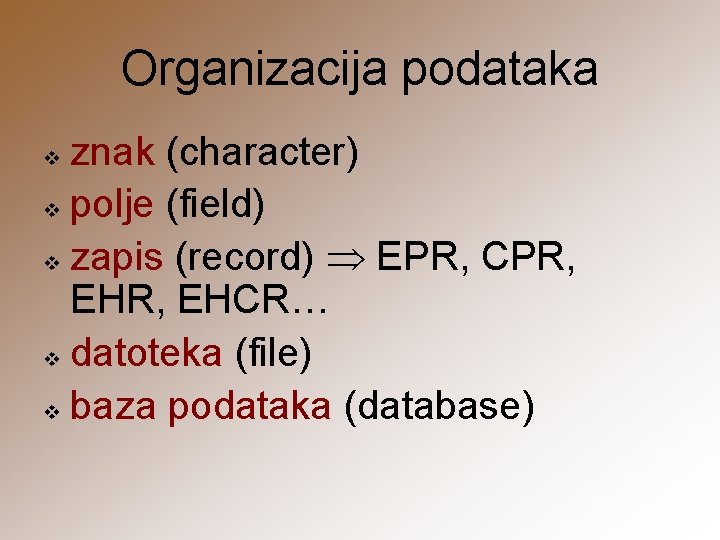 Organizacija podataka znak (character) v polje (field) v zapis (record) EPR, CPR, EHCR… v