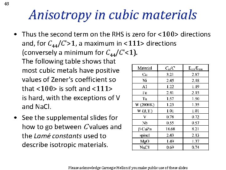 43 Anisotropy in cubic materials • Thus the second term on the RHS is