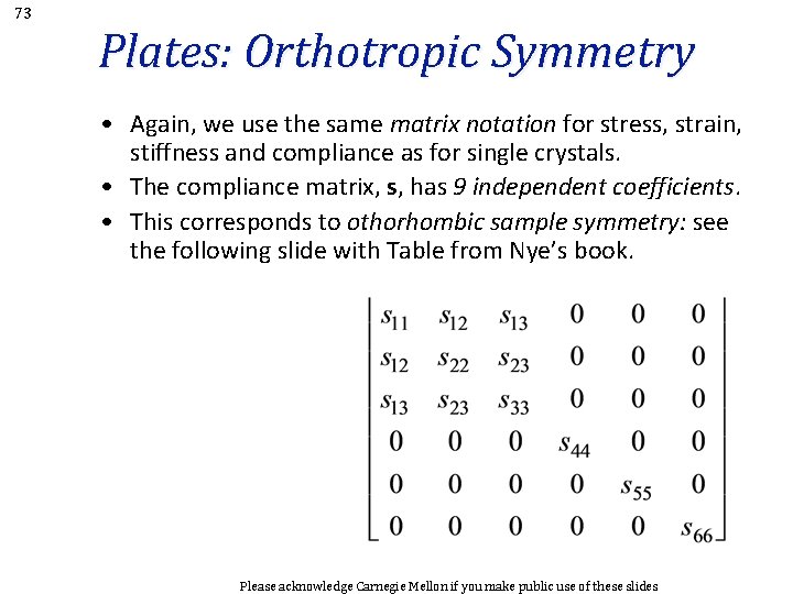 73 Plates: Orthotropic Symmetry • Again, we use the same matrix notation for stress,