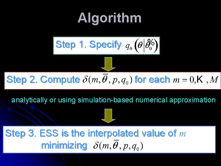 Algorithm Step 1. Specify Step 2. Compute for each analytically or using simulation-based numerical Algorithm Step 1. Specify Step 2. Compute for each analytically or using simulation-based numerical