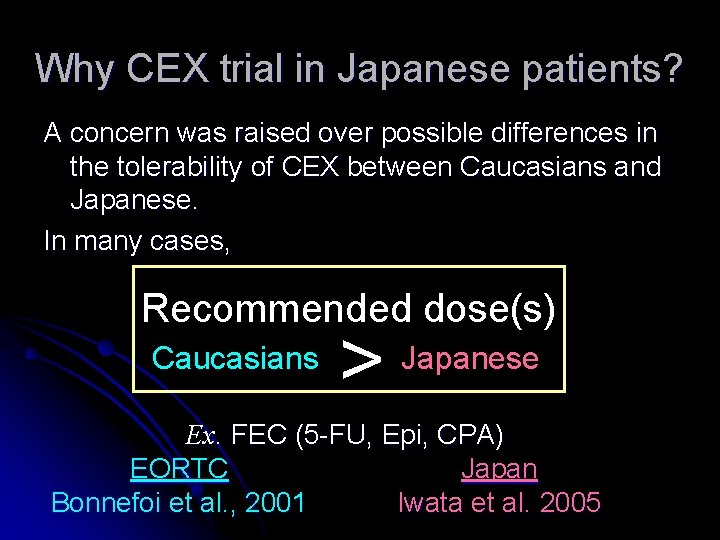 Why CEX trial in Japanese patients? A concern was raised over possible differences in Why CEX trial in Japanese patients? A concern was raised over possible differences in